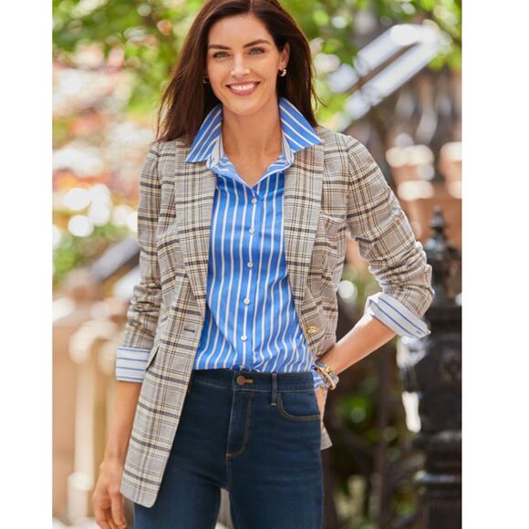 Talbots Long Blazer Jacket Foliage Plaid Navy Beige Size 20WP - Picture 1 of 10